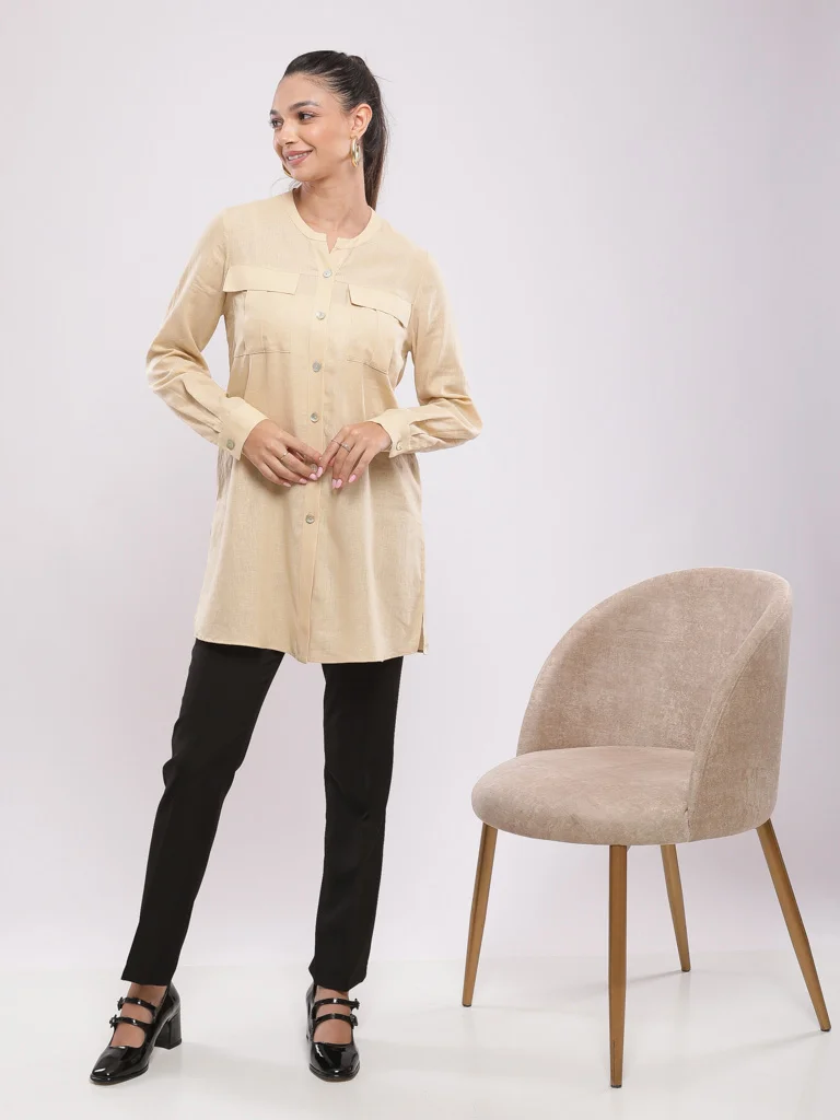 Chemise longue col mao en lin