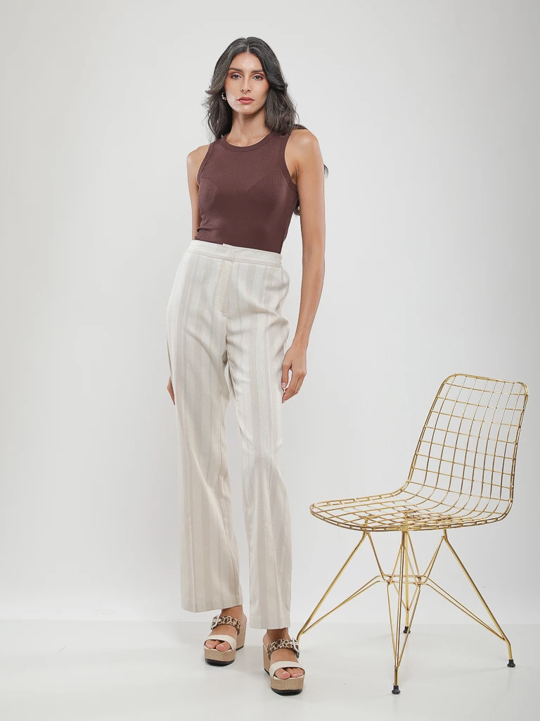 Pantalon droit taille haute à rayures