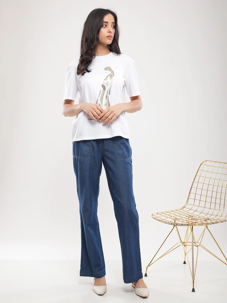 Pantalon large coton taille élastiquée