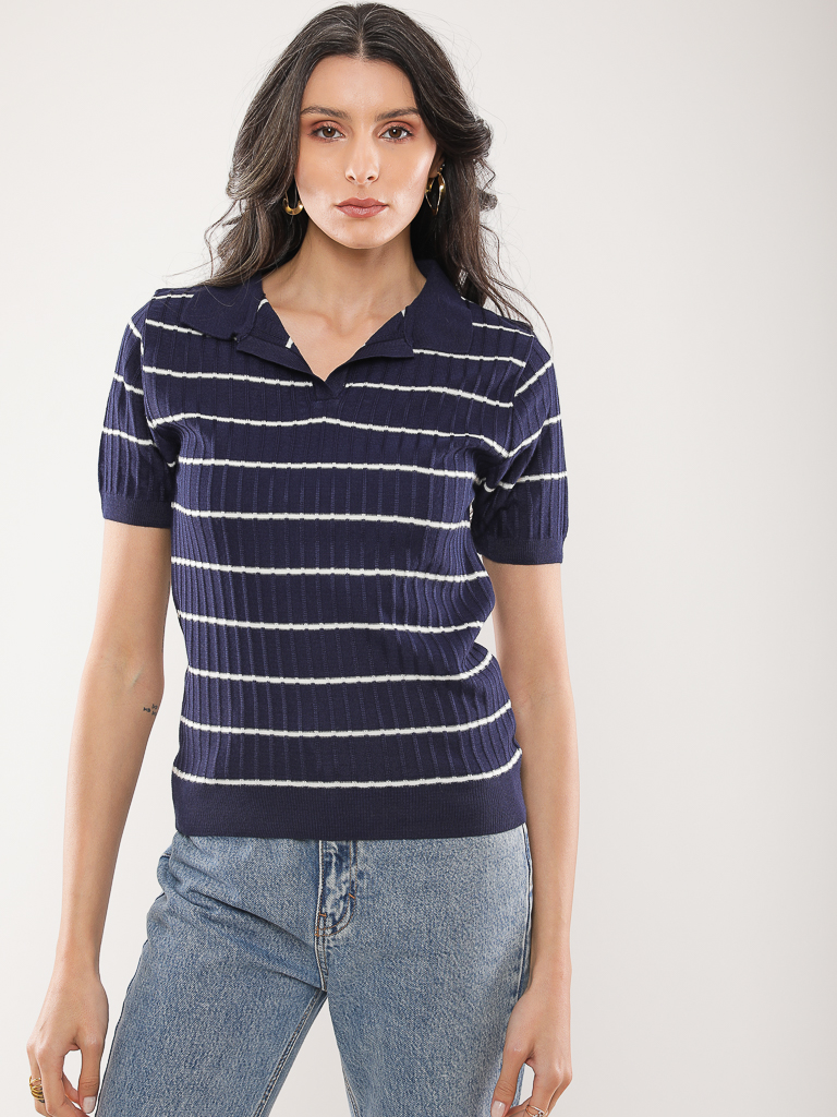 Polo en maille côtelée à rayures