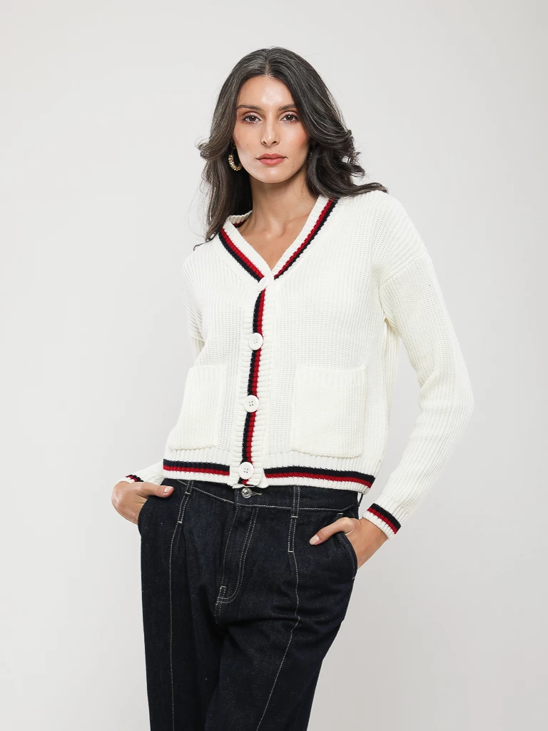 GILET CARDIGAN EN MAILLE À BORDURE CONTRASTÉE
