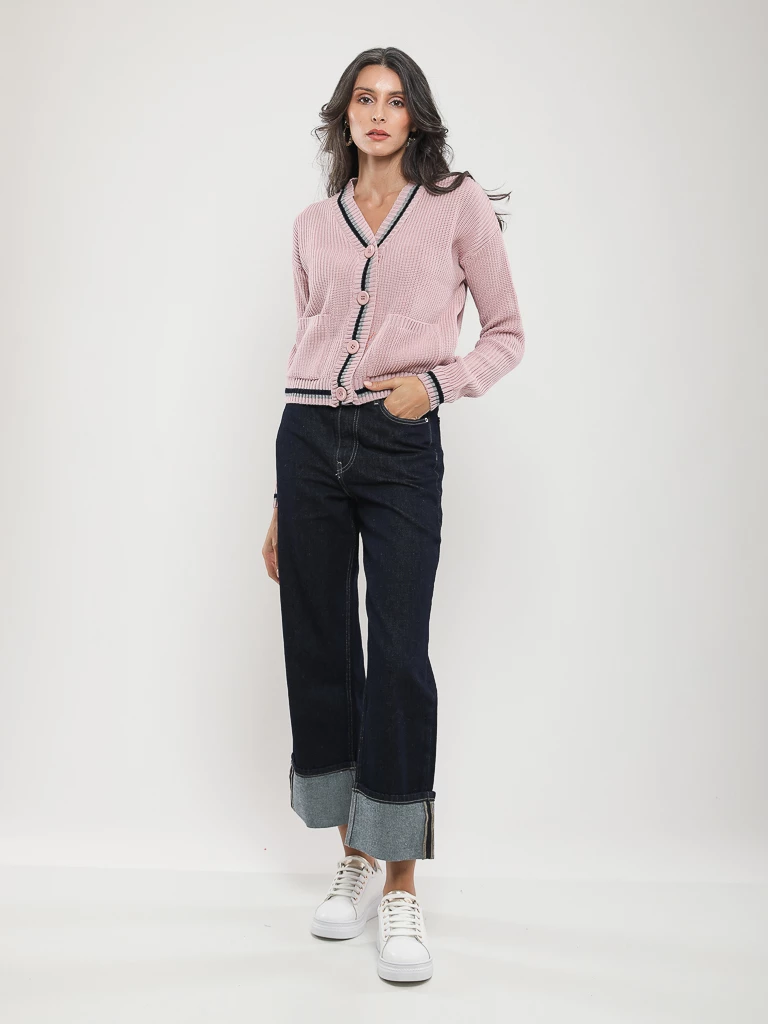 GILET CARDIGAN EN MAILLE À BORDURE CONTRASTÉE