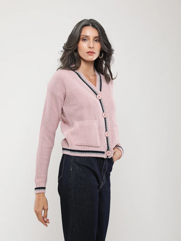 GILET CARDIGAN EN MAILLE À BORDURE CONTRASTÉE