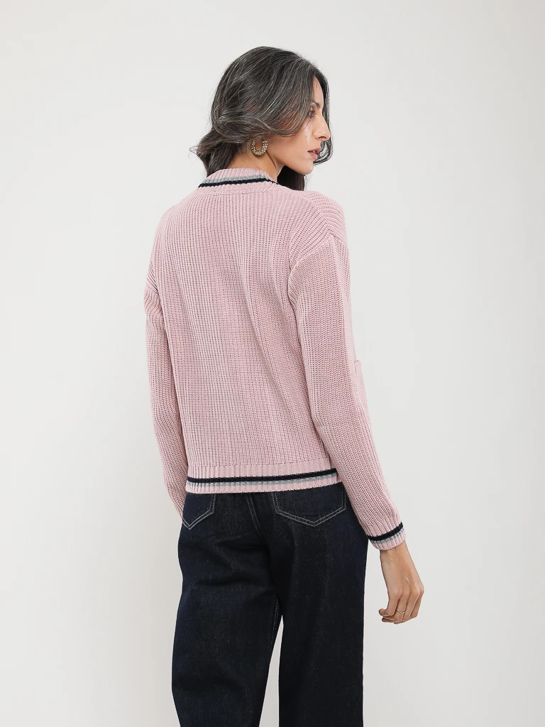 GILET CARDIGAN EN MAILLE À BORDURE CONTRASTÉE