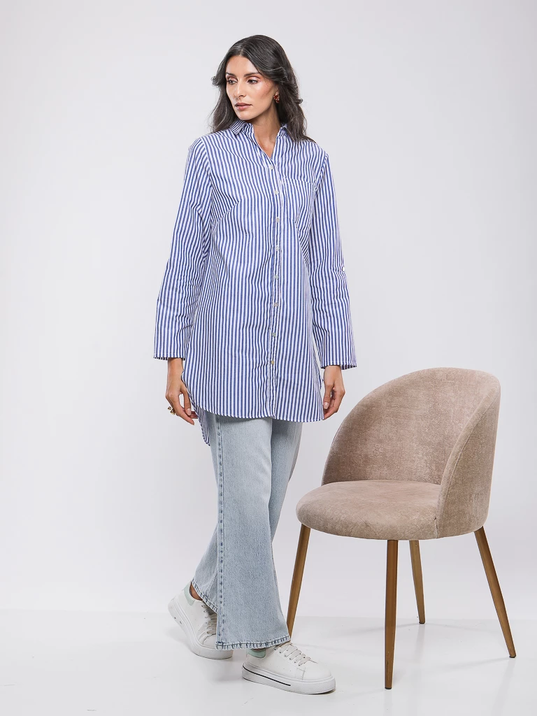 CHEMISE RAYEE A MANCHES RETROUSSABLES