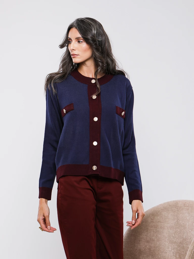 GILET EN MAILLE BICOLORE MANCHES LONGUES