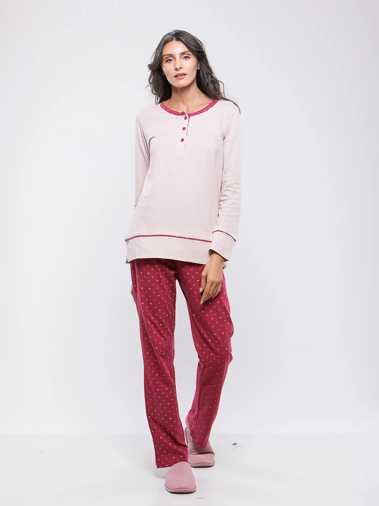 PYJAMA HAUT UNI BOUTONNE ET BAS IMPRIME