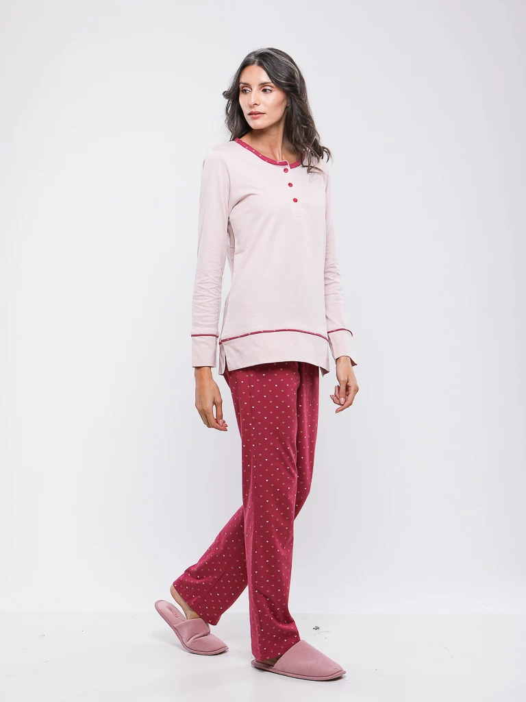 PYJAMA HAUT UNI BOUTONNE ET BAS IMPRIME