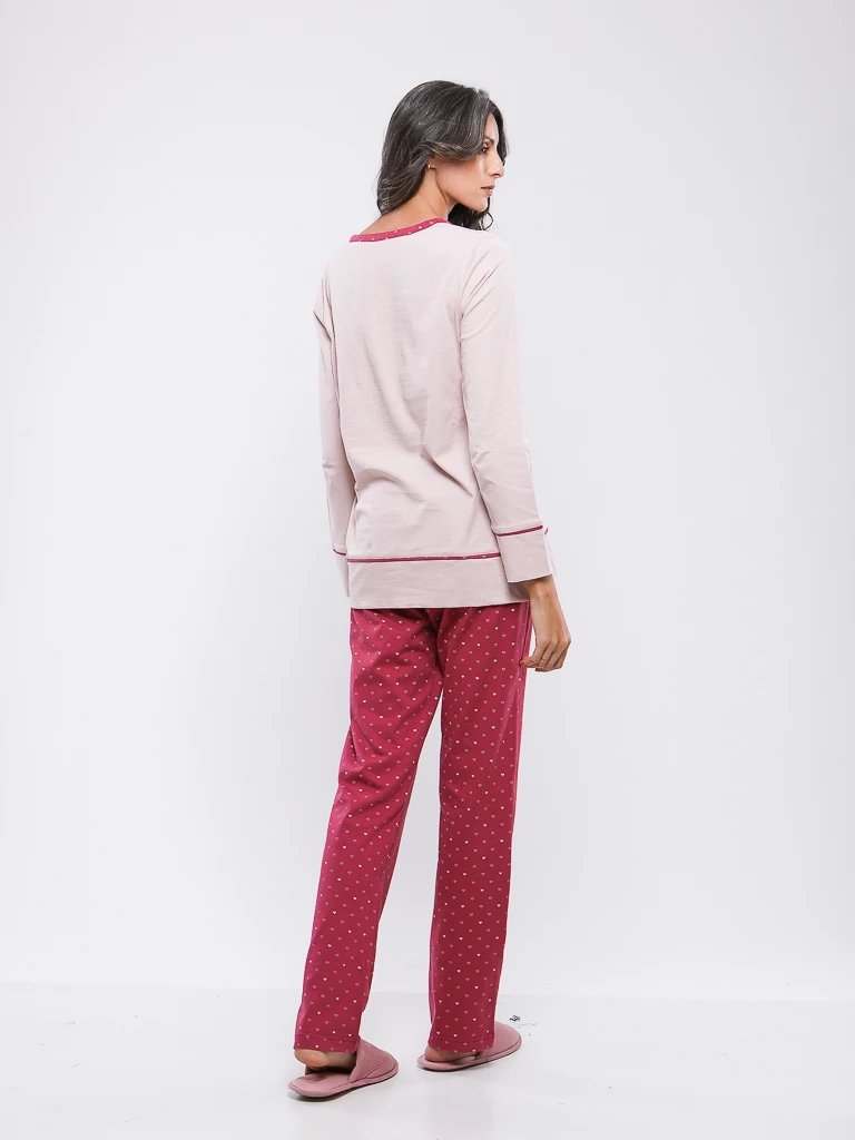 PYJAMA HAUT UNI BOUTONNE ET BAS IMPRIME