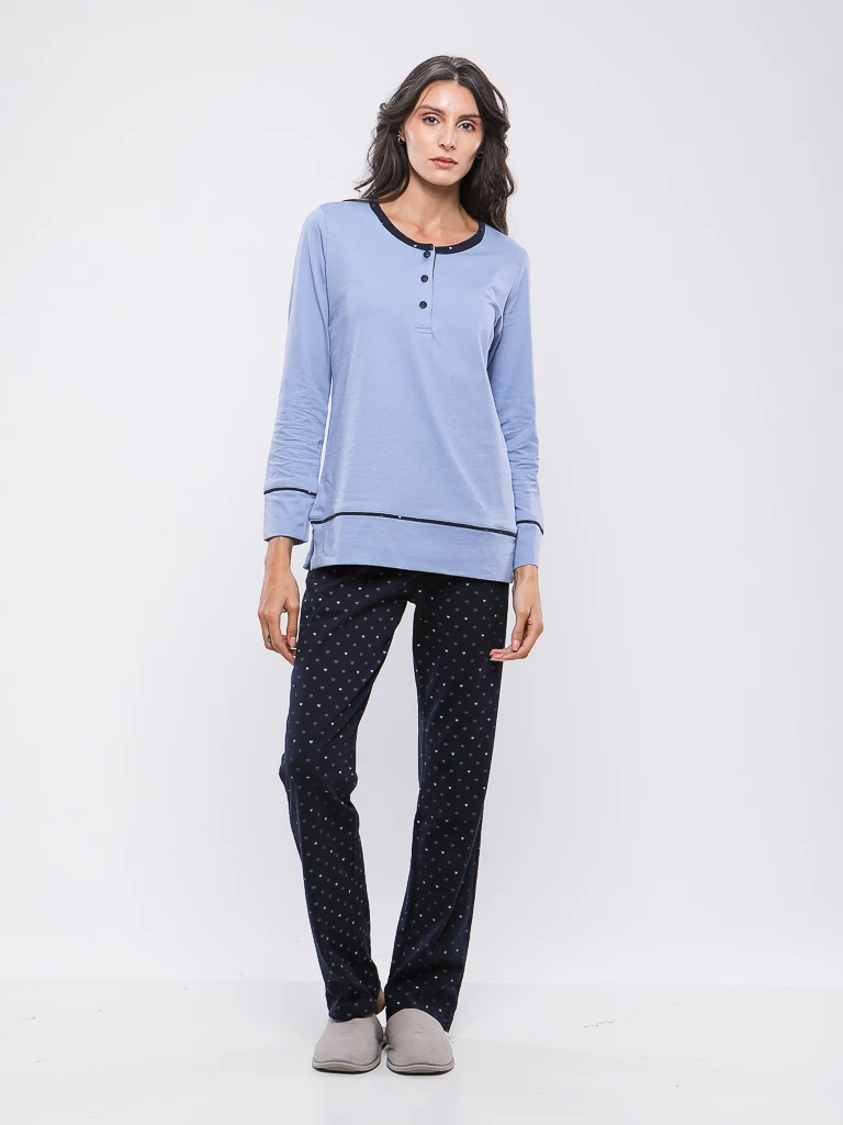 PYJAMA HAUT UNI BOUTONNE ET BAS IMPRIME