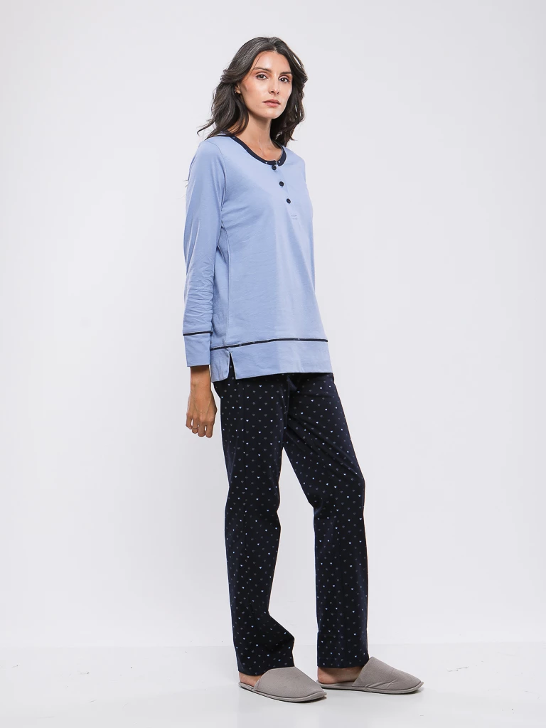 PYJAMA HAUT UNI BOUTONNE ET BAS IMPRIME