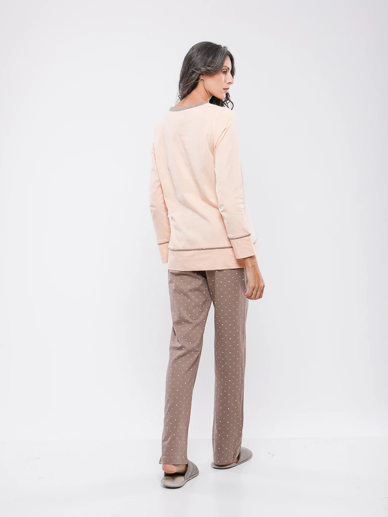 PYJAMA HAUT UNI BOUTONNE ET BAS IMPRIME