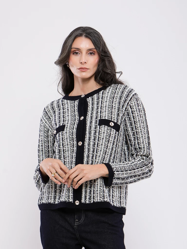 GILET EN MAILLE À CARREAUX MANCHES LONGUES