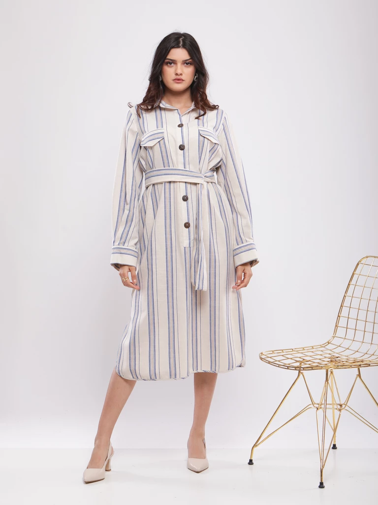 ROBE CHEMISE COURTE RAYÉE CEINTURÉE EN LIN VISCOSE