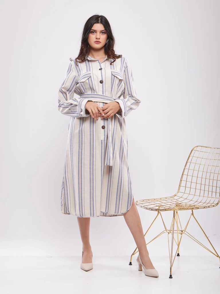 ROBE CHEMISE COURTE RAYÉE CEINTURÉE EN LIN VISCOSE