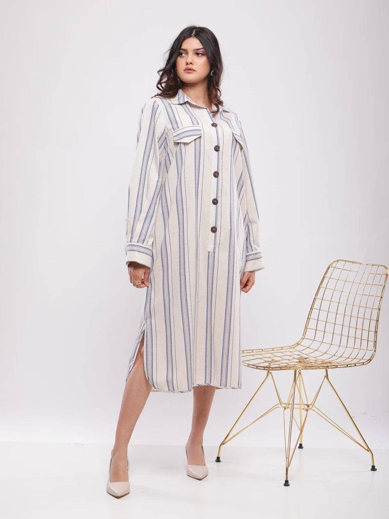 ROBE CHEMISE COURTE RAYÉE CEINTURÉE EN LIN VISCOSE