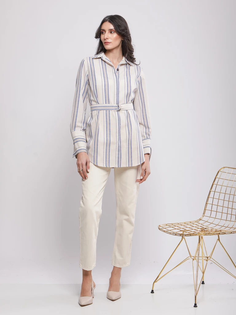 CHEMISE RAYÉE CEINTURÉE EN LIN VISCOSE