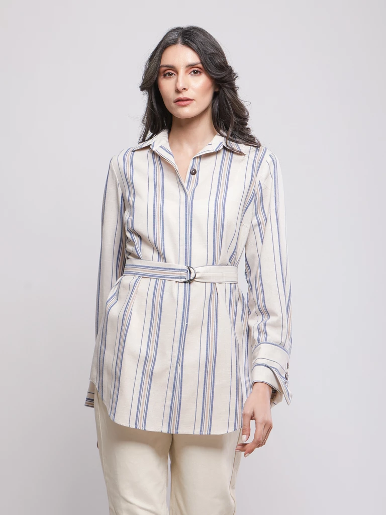 CHEMISE RAYÉE CEINTURÉE EN LIN VISCOSE