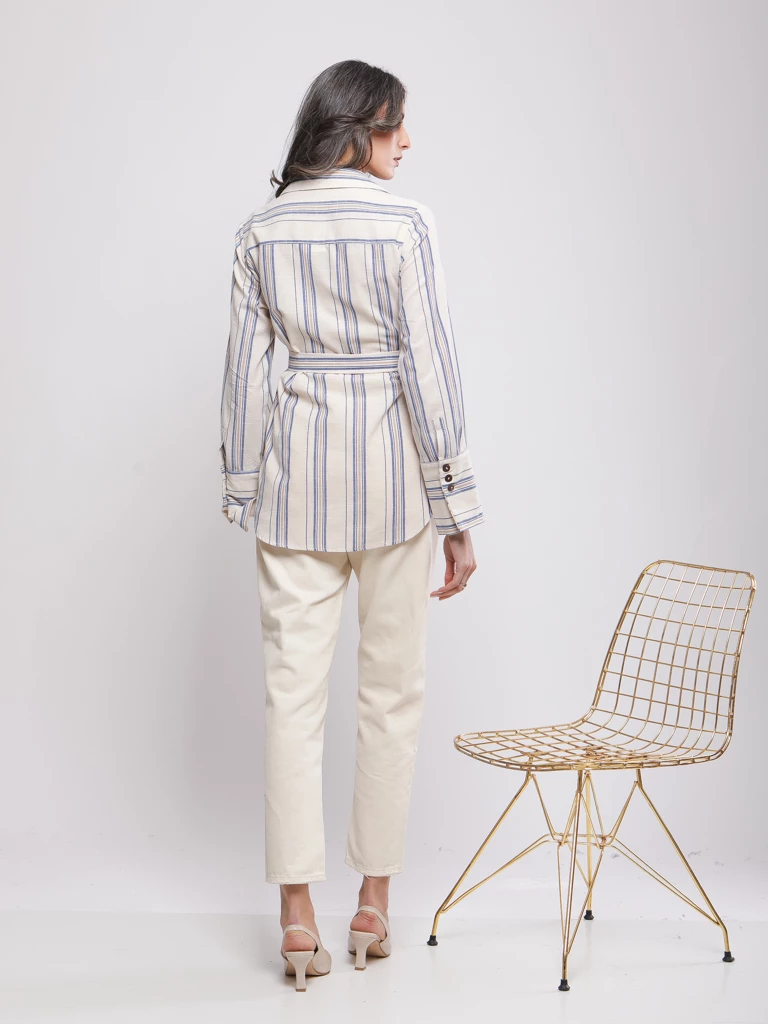 CHEMISE RAYÉE CEINTURÉE EN LIN VISCOSE
