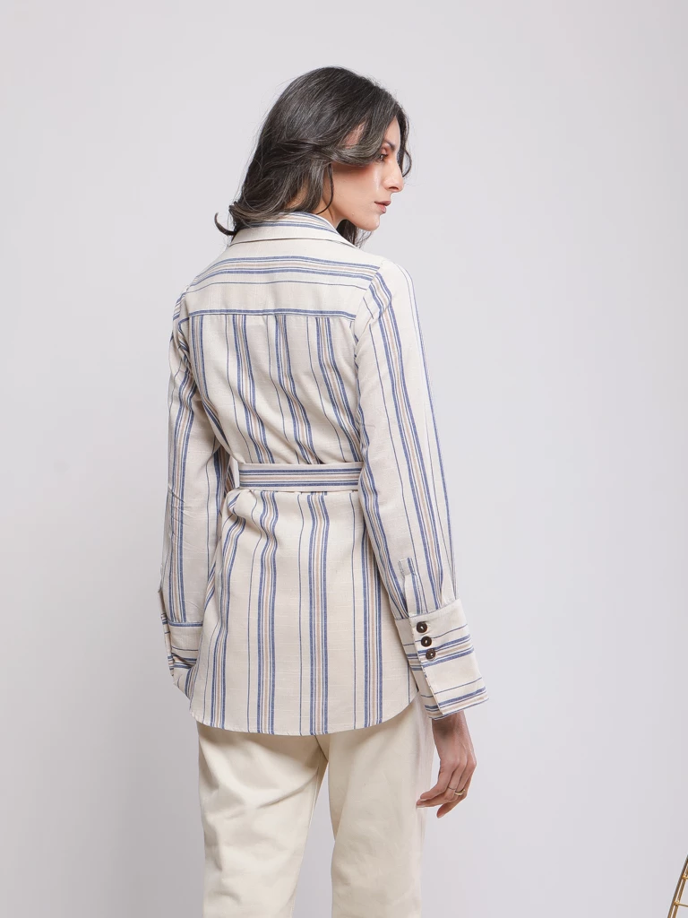 CHEMISE RAYÉE CEINTURÉE EN LIN VISCOSE