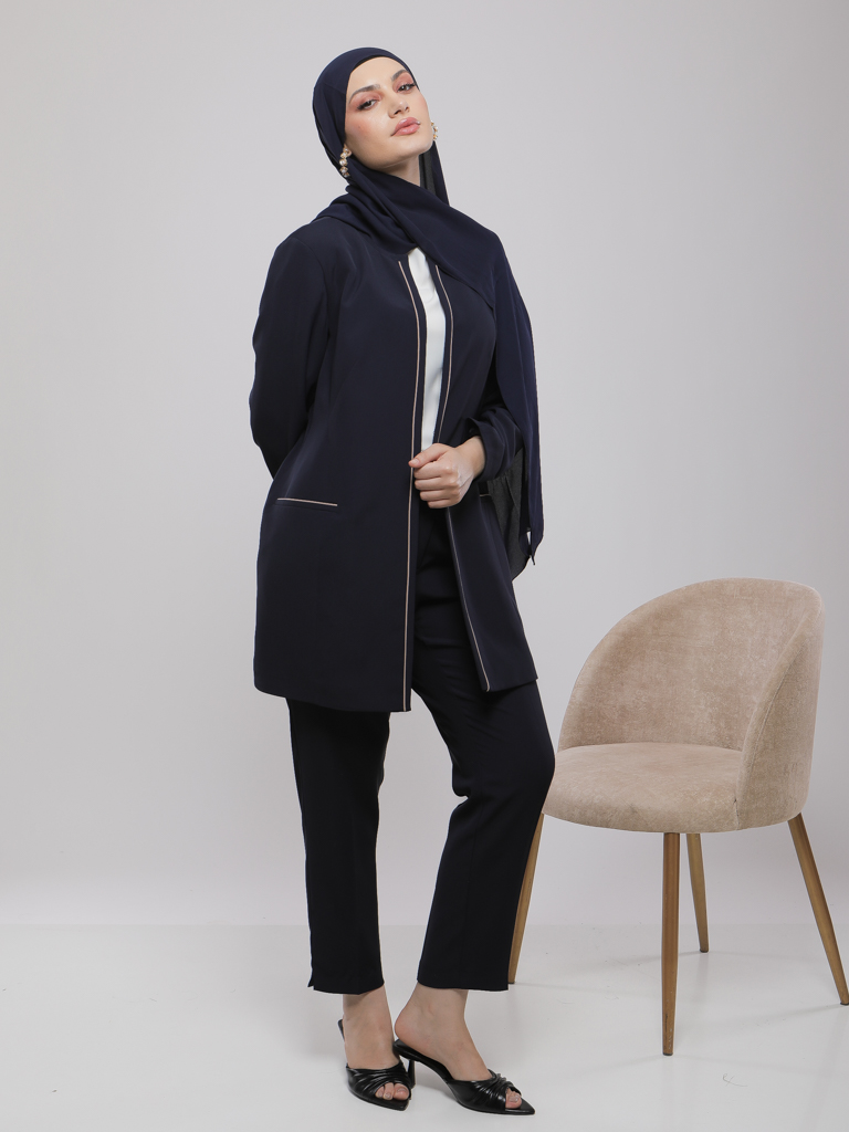 VESTE LONGUE CHIC À POCHES LISERÉES