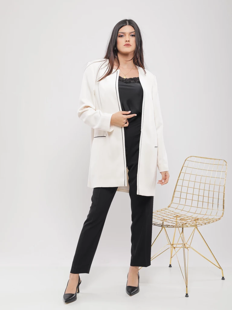 VESTE LONGUE CHIC À POCHES LISERÉES