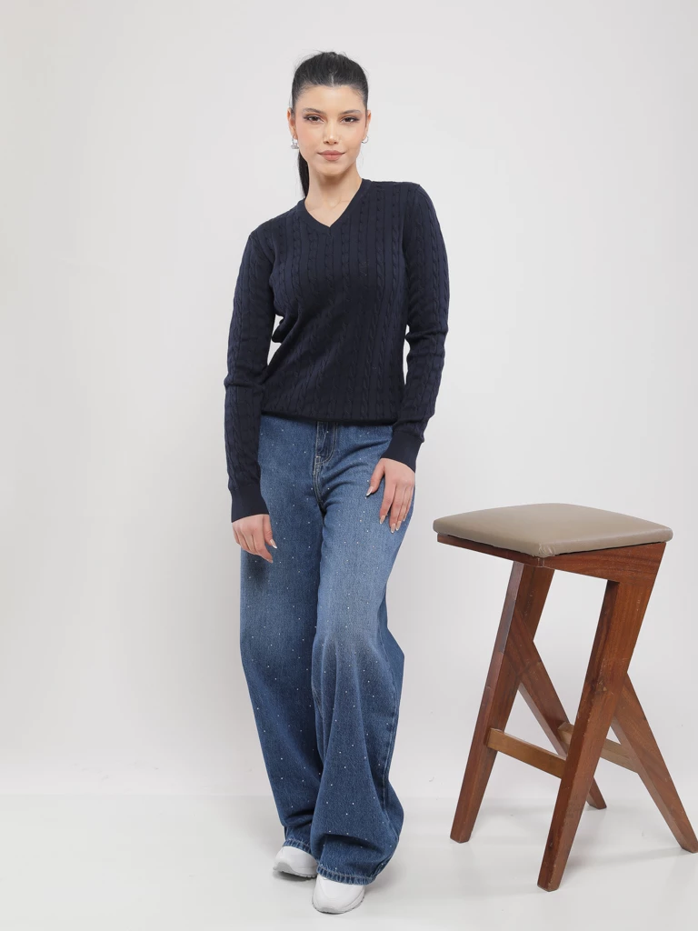 PULL EN MAILLE TORSADÉE COL V