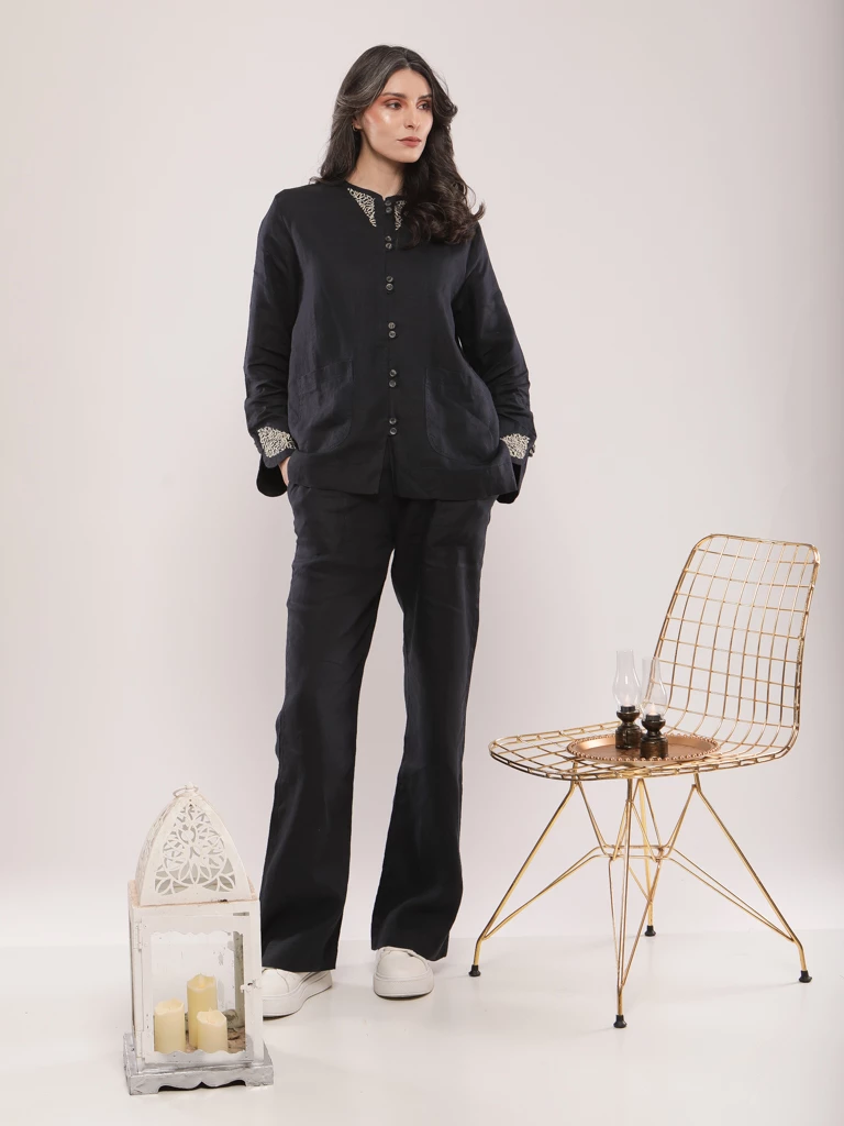 PANTALON EN LIN LARGE À TAILLE ÉLASTIQUE