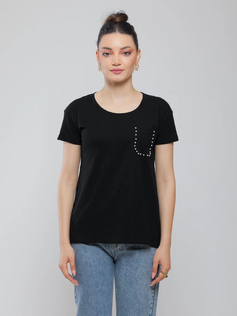 T-SHIRT COTON À POCHE AVEC DÉTAILS PERLÉS