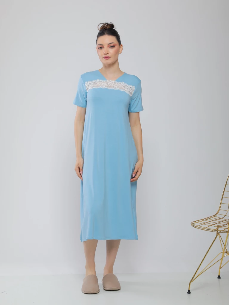 CHEMISE DE NUIT MI-LONGUE AVEC BANDE EN DENTELLE