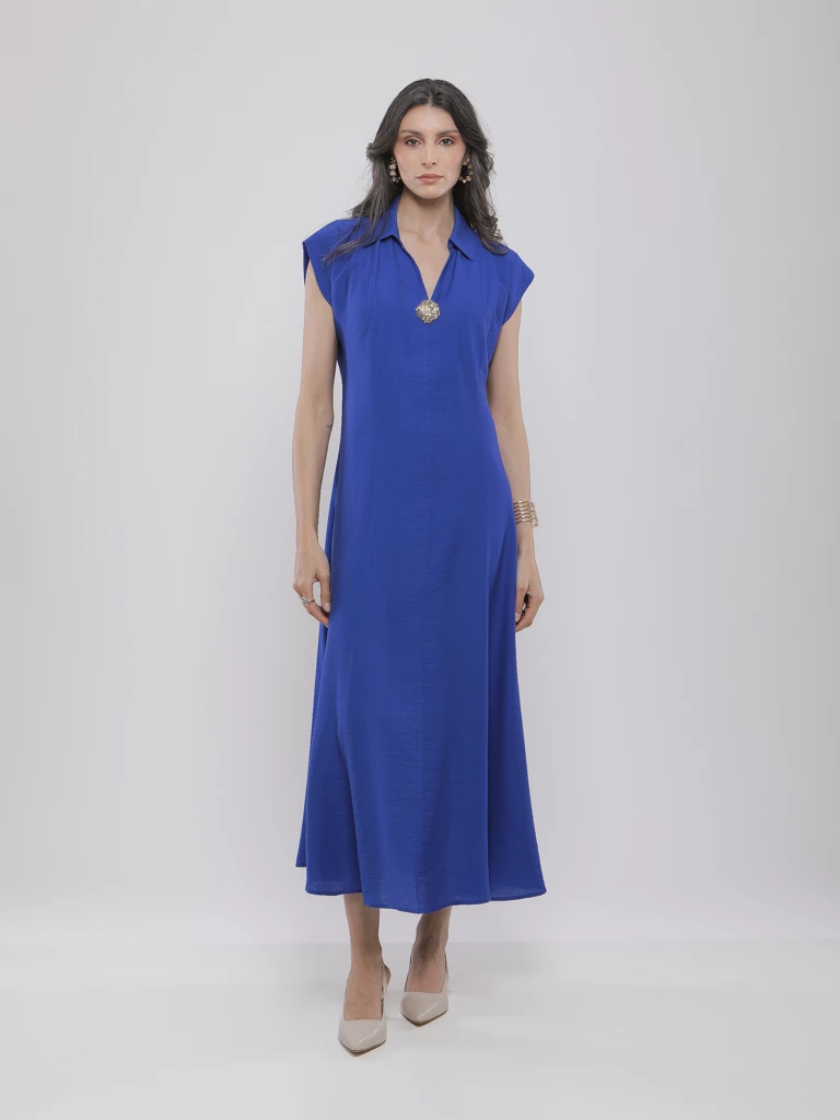 ROBE MIDI CHIC À COL CHEMISE ET BROCHE