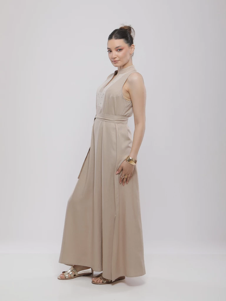 ROBE LONGUE EN LIN AVEC STRASS ET CEINTURE