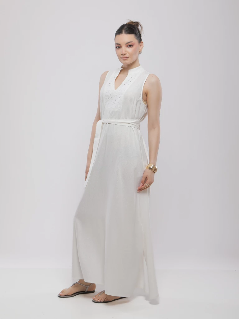 ROBE LONGUE EN LIN AVEC STRASS ET CEINTURE