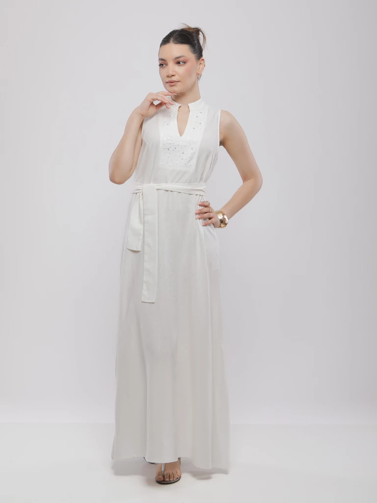 ROBE LONGUE EN LIN AVEC CEINTURE ASSORTIE