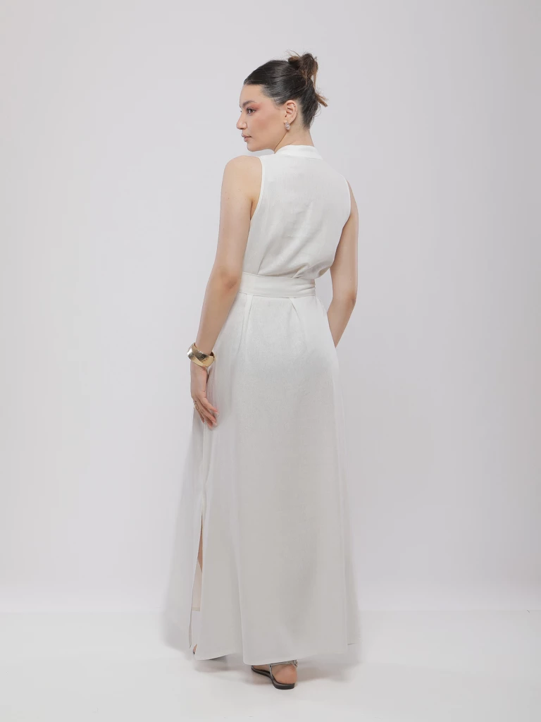 ROBE LONGUE EN LIN AVEC STRASS ET CEINTURE