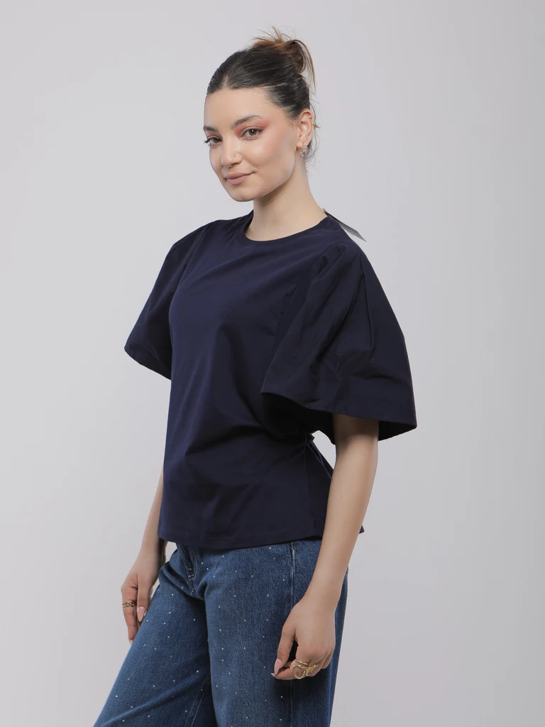 T-SHIRT À MANCHES POPELINE ET NOEUD