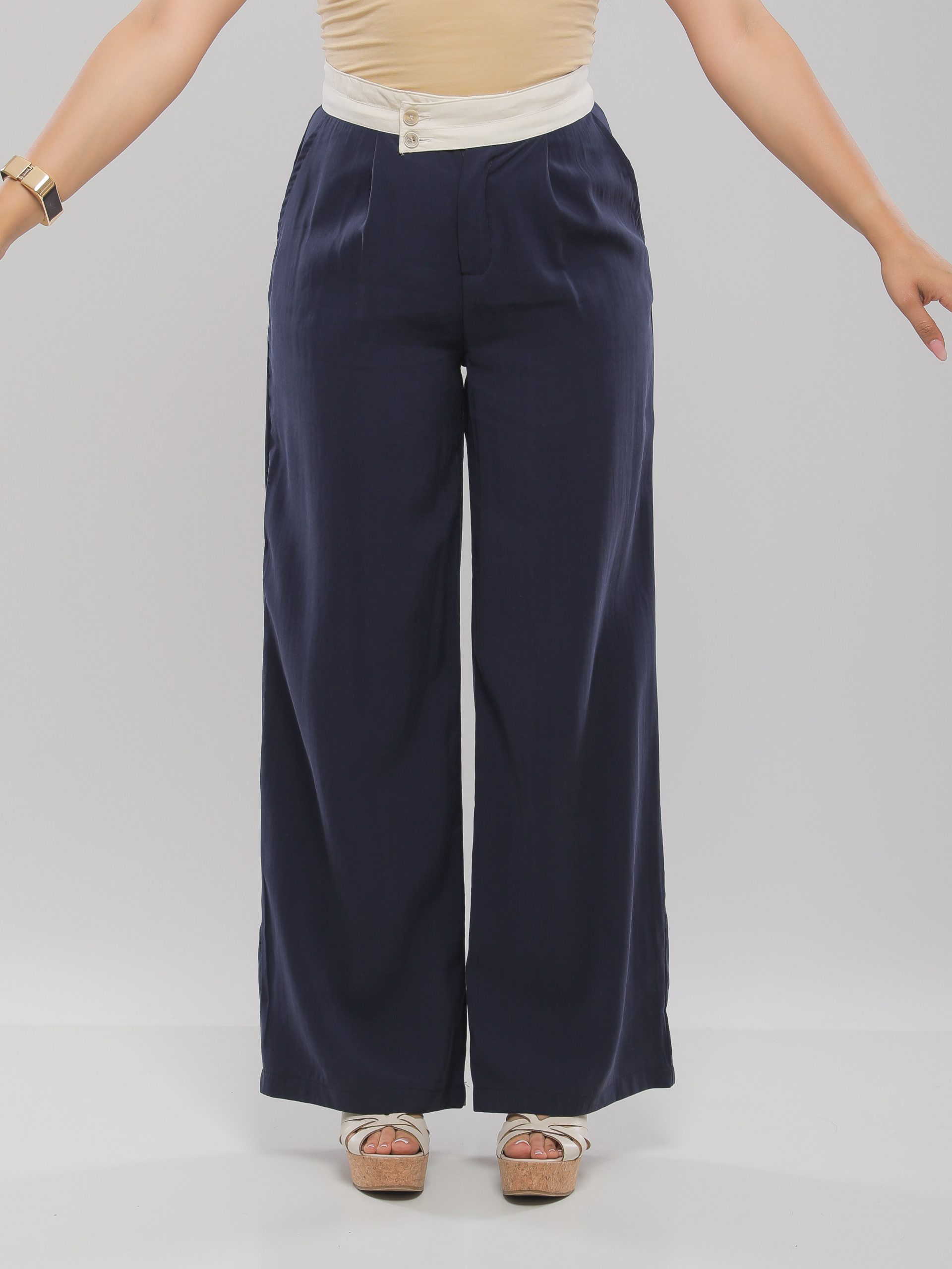 PANTALON LARGE TAILLE HAUTE À CEINTURE CONTRASTÉE