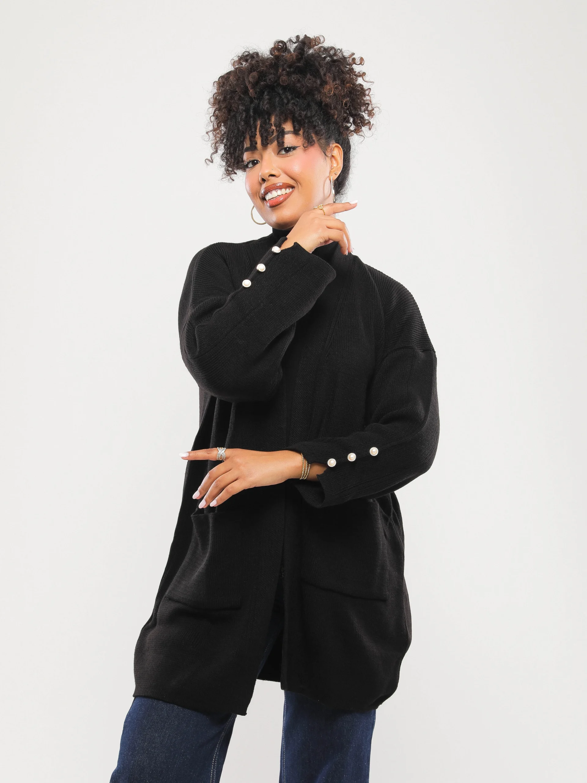 GILET LONG OUVERT AVEC POCHES PLAQUÉES